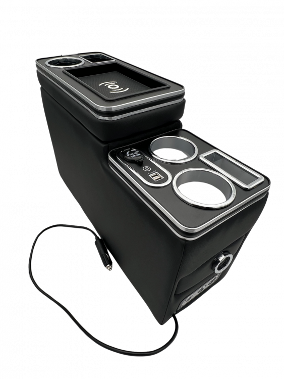 Chrom Edition Staufach Mittelkonsole Ablage für VW T5 GP (Facelift) 10-15 mit RGB Farbwechsel-LED Beleuchtung, USB und Induktions-Ladestation
