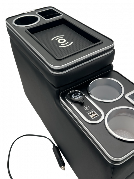 Chrom Edition Staufach Mittelkonsole Ablage für VW T3, T4, T5, T6, T6.1 und T7 mit RGB Farbwechsel-LED Beleuchtung, USB und Induktions-Ladestation