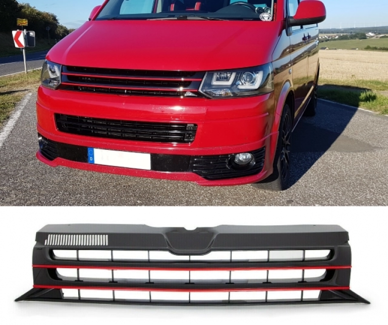 Upgrade Sportgrill / Kühlergrill ohne Emblem für Volkswagen T5 GP (Facelift) 10-15 schwarz/rot
