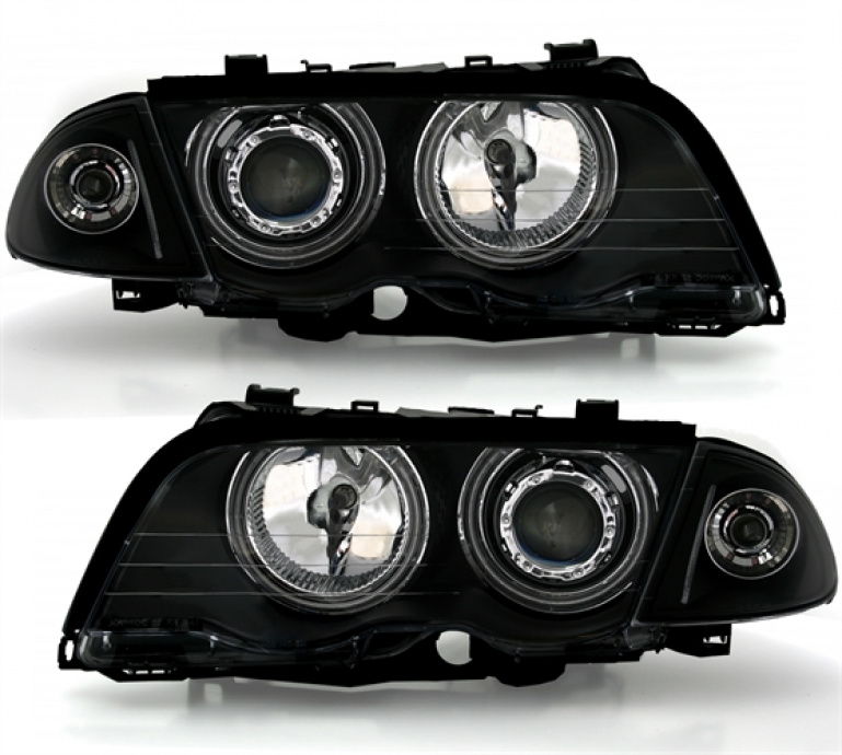 Scheinwerfer Facelift passt für BMW 3er E46 Limo Touring Schwarz U LED  Angel Eyes SET