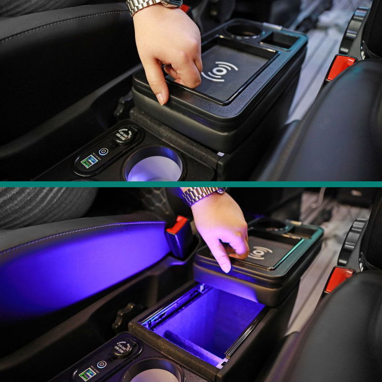 Black Edition Staufach Mittelkonsole Ablage für Citroen Jumpy 95-00 mit RGB Farbwechsel-LED Beleuchtung, USB und Induktions-Ladestation