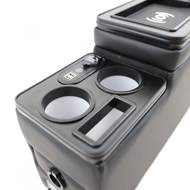 Black Edition Staufach Mittelkonsole Ablage für Citroen Jumpy 95-00 mit RGB Farbwechsel-LED Beleuchtung, USB und Induktions-Ladestation