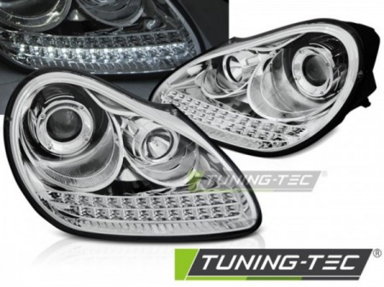 Xenon LED Tagfahrlicht Design Scheinwerfer für Porsche Cayenne 955 02-06 chrom mit LED Blinker