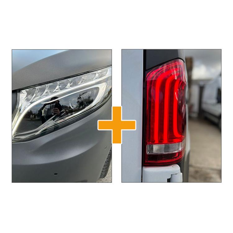Sparpaket - VOLL LED Tagfahrlicht Scheinwerfer für Mercedes Benz V-Klasse / Vito W447 14-23 schwarz mit LED Blinker + LED Upgrade Design Rückleuchten für Mercedes Benz Vito W447 14-23 rot/weiß dynamisch
