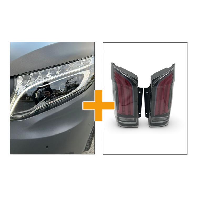 Sparpaket - VOLL LED Tagfahrlicht Scheinwerfer für Mercedes Benz V-Klasse / Vito W447 14-23 schwarz mit LED Blinker + LED Upgrade Design Rückleuchten für Mercedes Benz Vito W447 14-23 schwarz/klar dynamisch