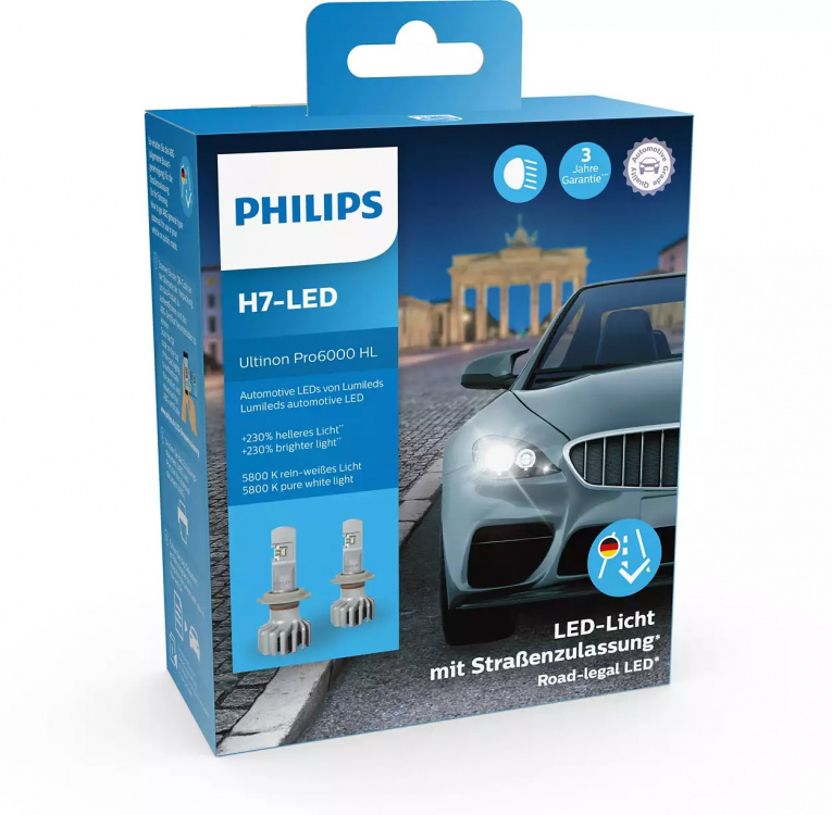 Philips H7 LED Ultinon Pro 6000 Scheinwerferlampe 5800K mit Straßenzulassung