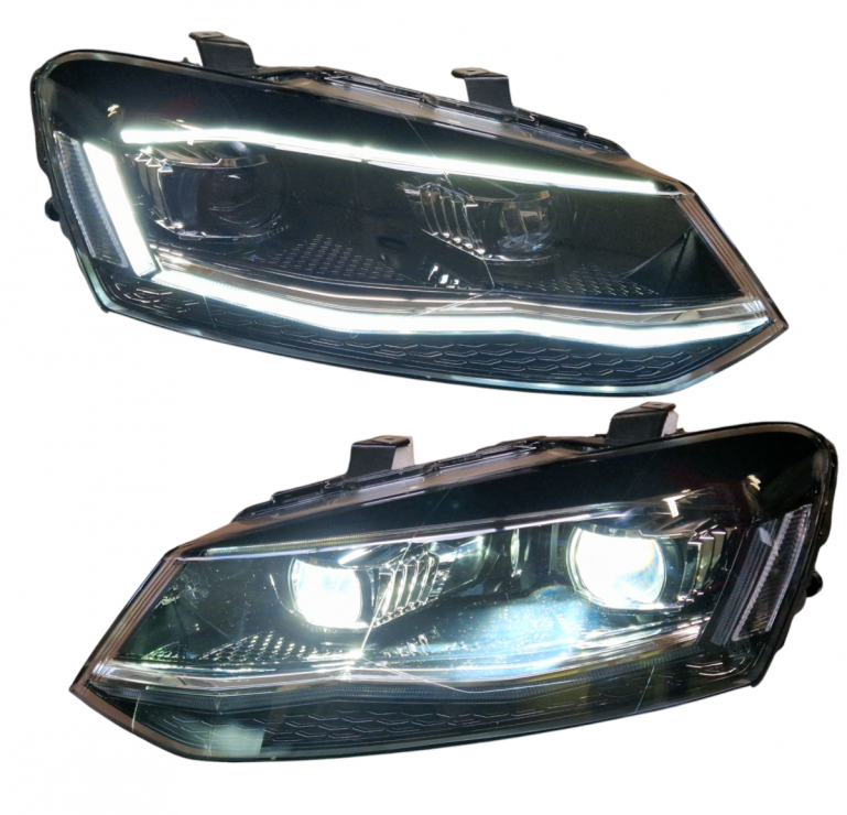VOLL LED Upgrade Tagfahrlicht Scheinwerfer Set für VW Polo 6R / 6C 09-17 schwarz/chrom mit dyn. Blinker