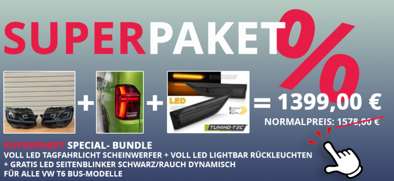 Voll LED Tagfahrlicht Scheinwerfer für VW T6 15-19 schwarz mit dynamischen LED Blinker + Voll LED Lightbar Design Rückleuchten für VW T6 15-19 rot/rauch mit dynamischen Blinker (für Heckklappe/LED)