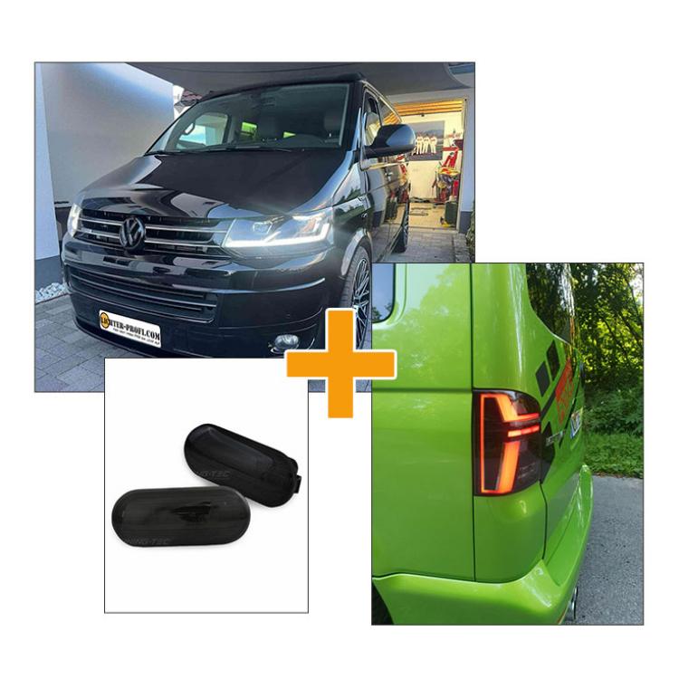 Sparpaket - Upgrade Design Voll LED Tagfahrlicht Scheinwerfer schwarz mit dynamischen LED Blinker und Welcome Funktion! + Voll LED Lightbar Design Rückleuchten schwarz/rauch mit dynamischen Blinker + LED Seitenblinker für VW T5 GP (Facelift) 9-15