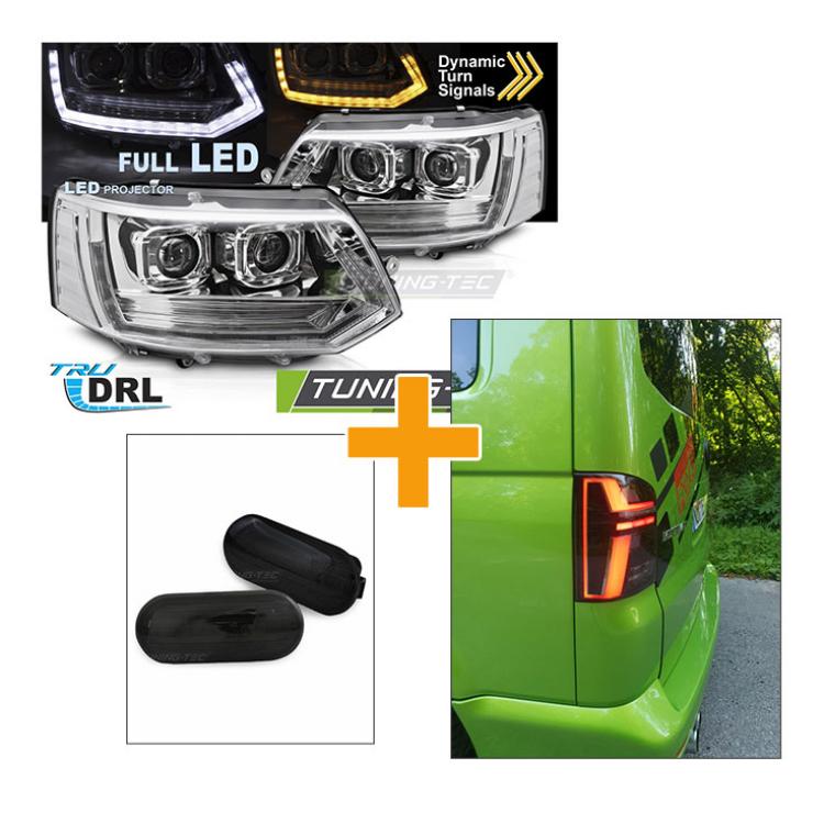 Sparpaket - VOLL LED Tagfahrlicht Scheinwerfer Set für VW T5 GP (Facelift) 10-15 chrom mit dynamischem LED Blinker + Voll LED Lightbar Design Rückleuchten schwarz/rauch mit dynamischen Blinker + LED Seitenblinker für VW T5 GP (Facelift) 9-15