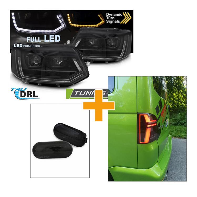Sparpaket - VOLL LED Tagfahrlicht Scheinwerfer Set für VW T5 GP (Facelift) 10-15 schwarz mit dynamischem LED Blinker + Voll LED Lightbar Design Rückleuchten schwarz/rauch mit dynamischen Blinker + LED Seitenblinker für VW T5 GP (Facelift) 9-15