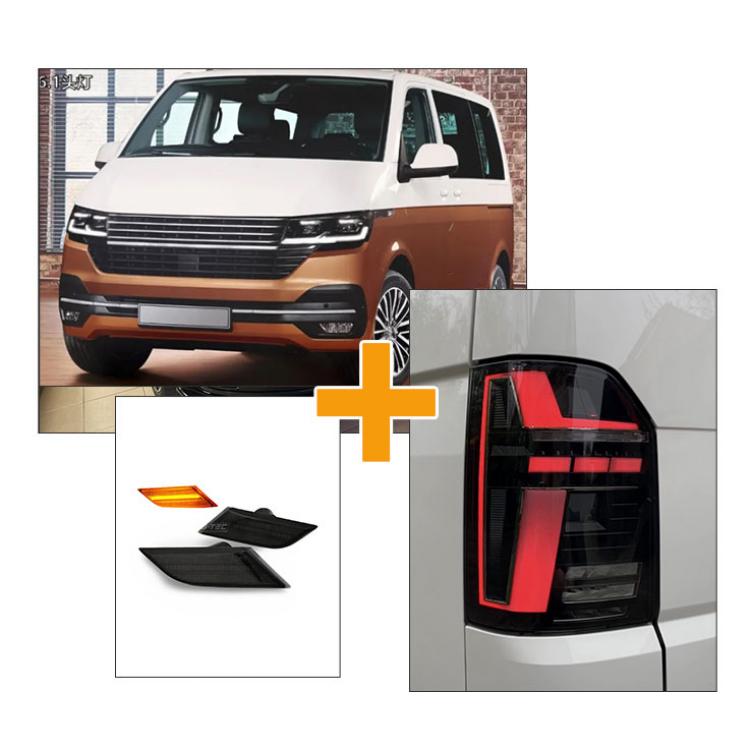 Sparpaket - Voll LED "Specialized" Tagfahrlicht Scheinwerfer schwarz mit LED Blinker + Voll LED Lightbar Rückleuchten mit animierter Startsequenz und dynamischem Blinker + LED Seitenblinker  für VW T6.1 2019+