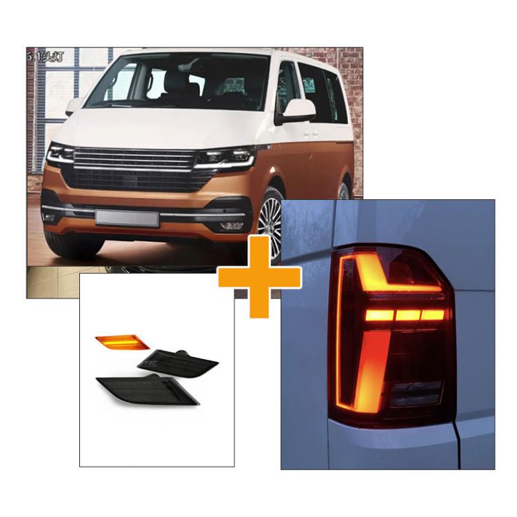 Sparpaket - Voll LED "Specialized" Tagfahrlicht Scheinwerfer schwarz mit LED Blinker + Voll LED Rückleuchten rot und sequentieller Start Laufblinker + LED Seitenblinker  für VW T6.1 2019+