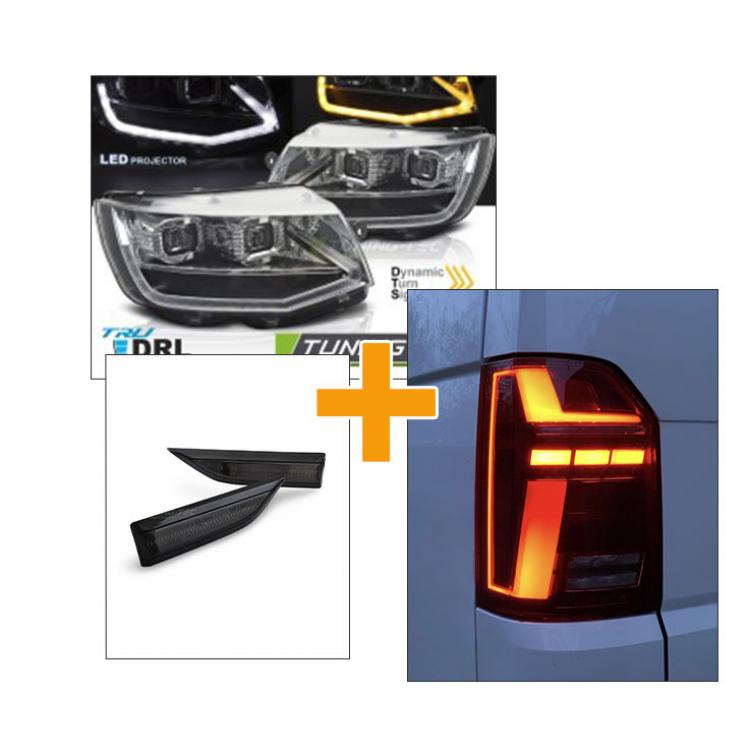 Sparpaket - Voll LED Tagfahrlicht Scheinwerfer Set für VW T6 15-19 chrom mit statischen LED Blinker + Voll LED Rückleuchten rot mit sequentiellen Start Laufblinker + LED Seitenblinker