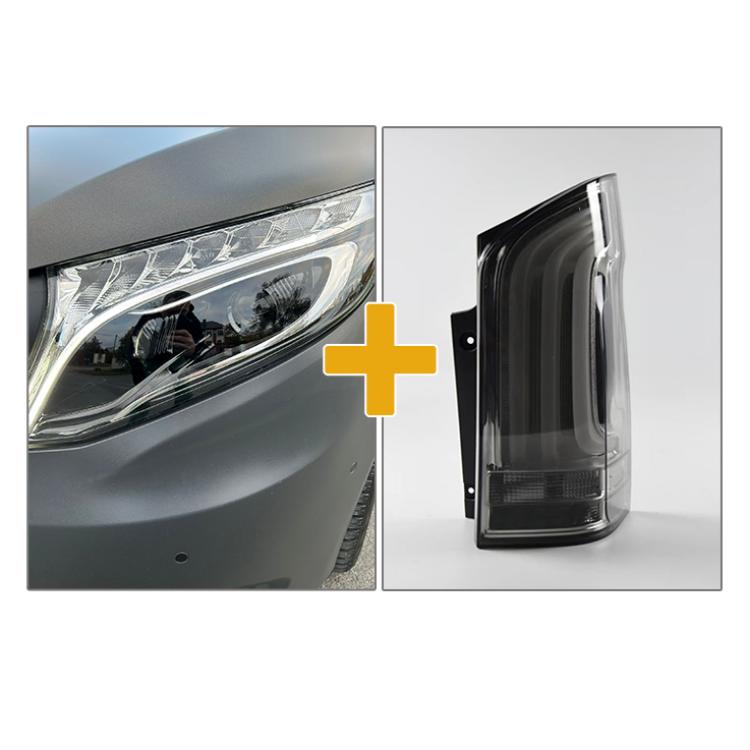 Sparpaket - VOLL LED Tagfahrlicht Scheinwerfer für Mercedes Benz V-Klasse / Vito W447 14-23 schwarz mit LED Blinker + LED Upgrade Design  Rückleuchten Set für Mercedes Benz Vito W447 14-23 schwarz/rauch