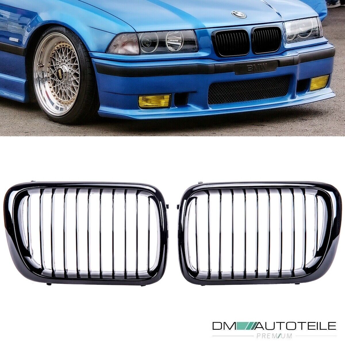 Kühlergrill Grill SET Schwarz Glanz Einzelsteg für BMW 3er E36 Facelift ab  1996