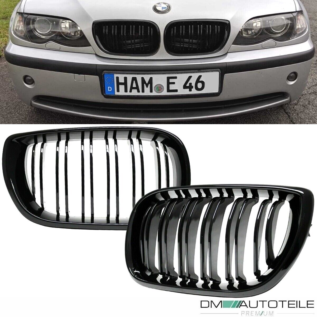 Kühlergrill Schwarz Glanz Doppelsteg passt für BMW E46 Limo Touring 01-05  auch M