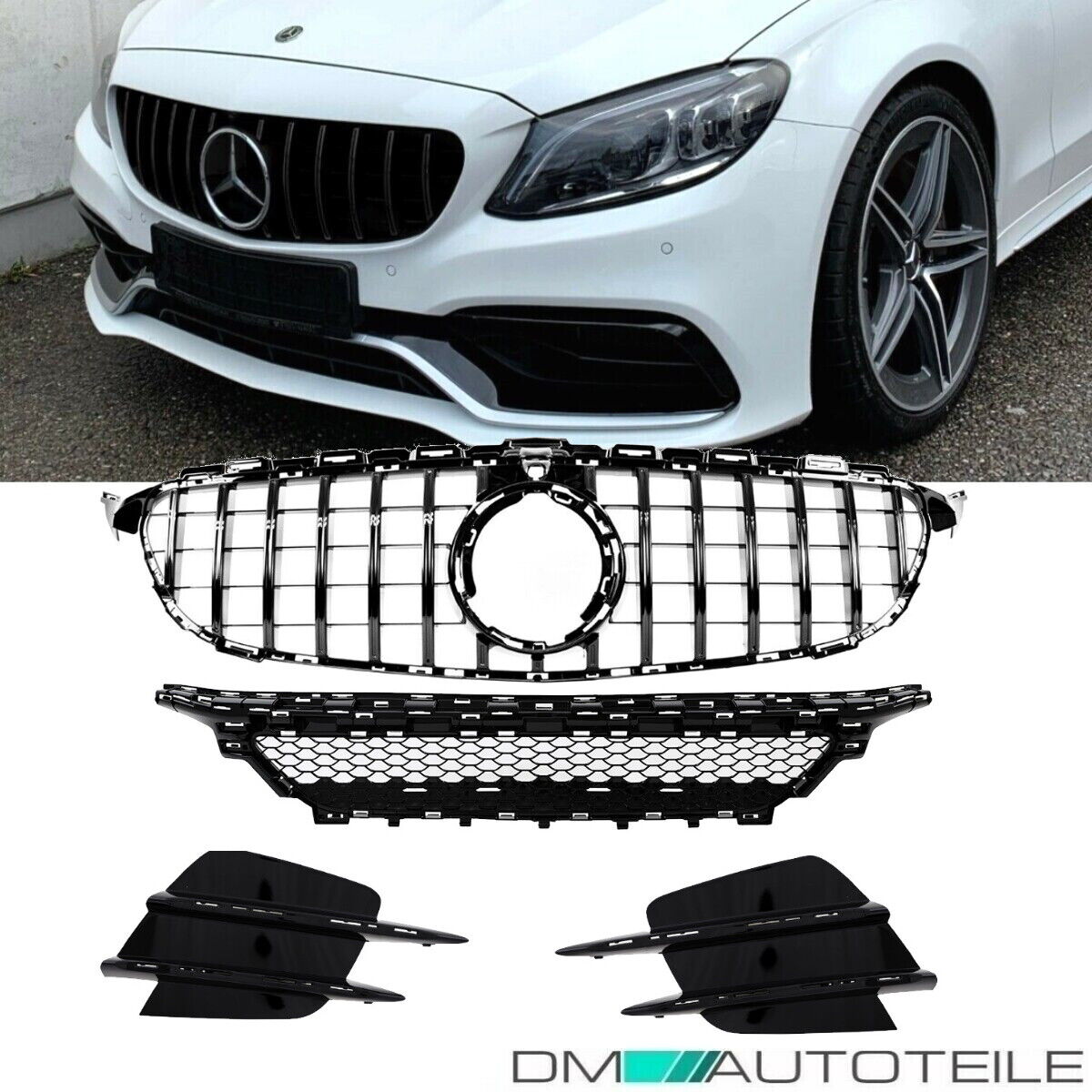 Kühlergrill +Gitter SET hochglanz schwarz passt für Mercedes W205 C205 S205  A205 Mopf AMG Line + C43 auf Panamericana GT