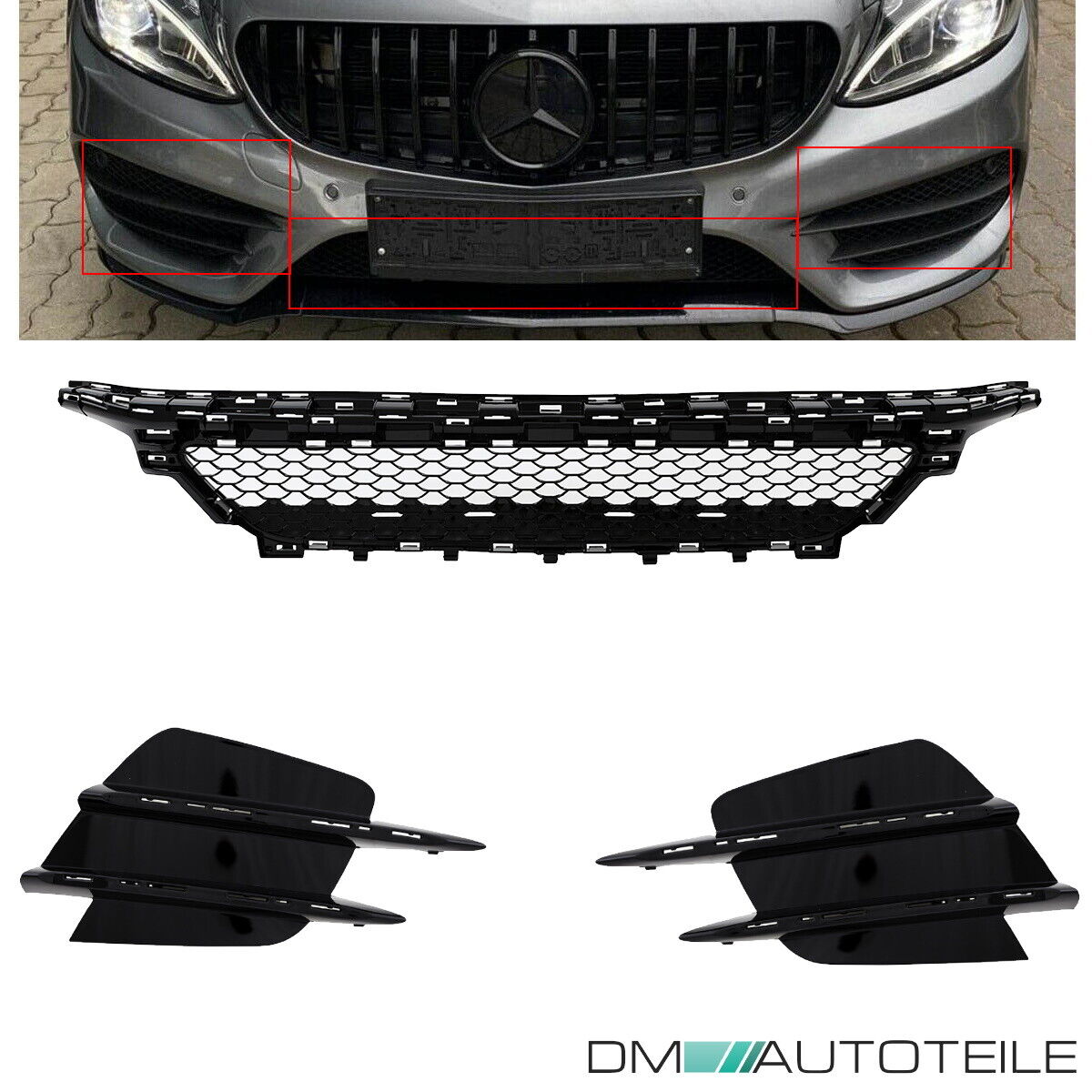 Kühlergrill +Gitter SET hochglanz schwarz passt für Mercedes W205 C205 S205  A205 Mopf AMG Line + C43 auf Panamericana GT