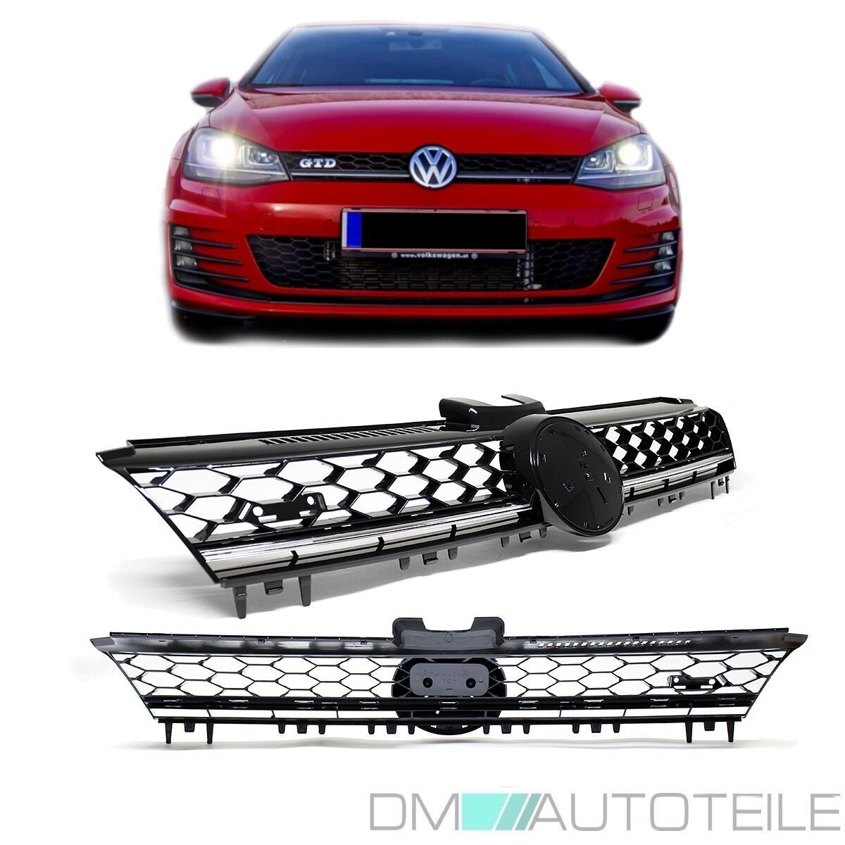 Kühlergrill Grill Chromleiste + Schwarz für Emblem passt für VW Golf 7 VII  nicht GTD bj 2012-2016