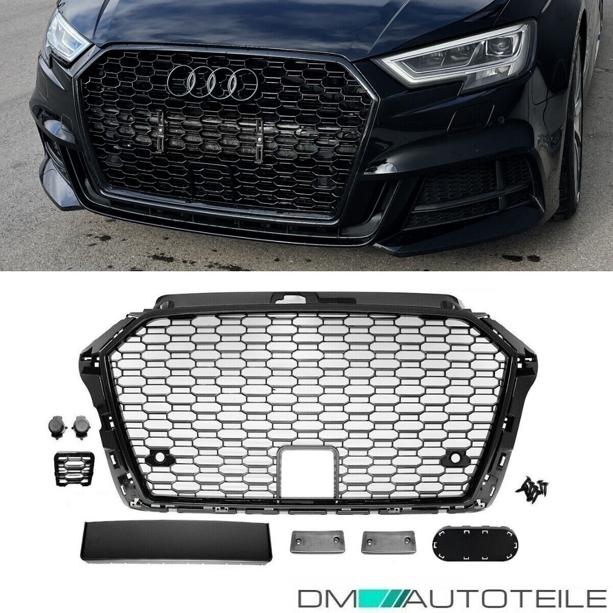 Kühlergrill Wabengrill PDC Schwarz Glanz passt für Audi A3 8V Facelift  nicht RS3 ab 2016