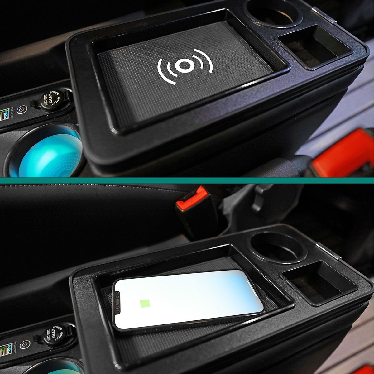 Multifunktions-Mittelkonsole für VW T5 und T6 mit Staufach schwarz glänzend  mit USB beleuchtet - Tuning-bus
