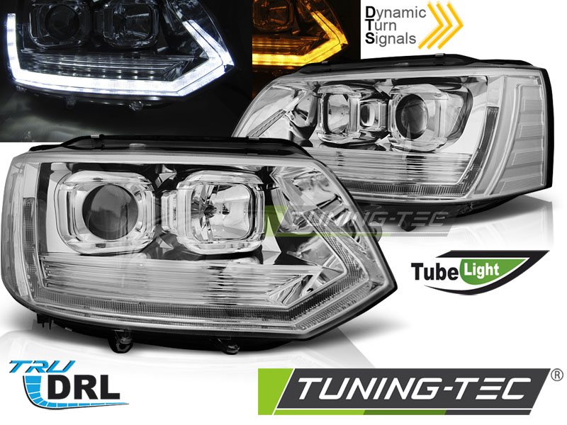 LED Tagfahrlicht-Scheinwerfer VW T5 03-09 mit dynamischem Blinker chrom -  litec innovations