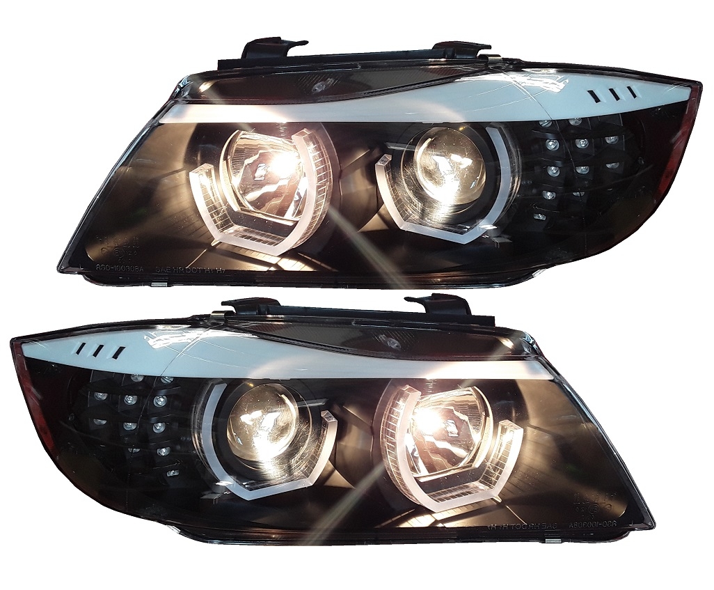 Upgrade Design 3D LED Angel Eyes Scheinwerfer für BMW 3er E90/E91 LCI  (Facelift) 09-12 schwarz mit LED Blinker