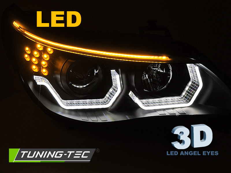 3D LED Angel Eyes Scheinwerfer für BMW 5er E60 / E61 03-07 schwarz mit LED  Blinker