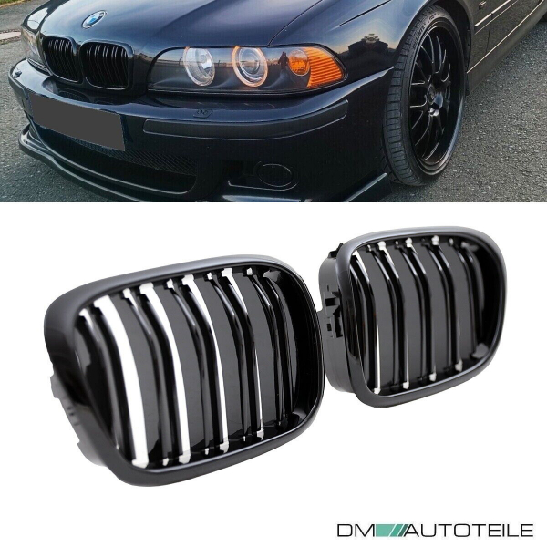 2x Grill Kühlergrill Schwarz Hochglanz Doppelsteg passend für BMW 5er E39 + M M5