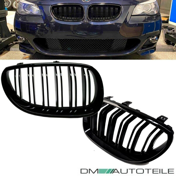 SET Kühlergrill Schwarz Hochglanz Doppelsteg passend für BMW 5er E60 E61 + M M5