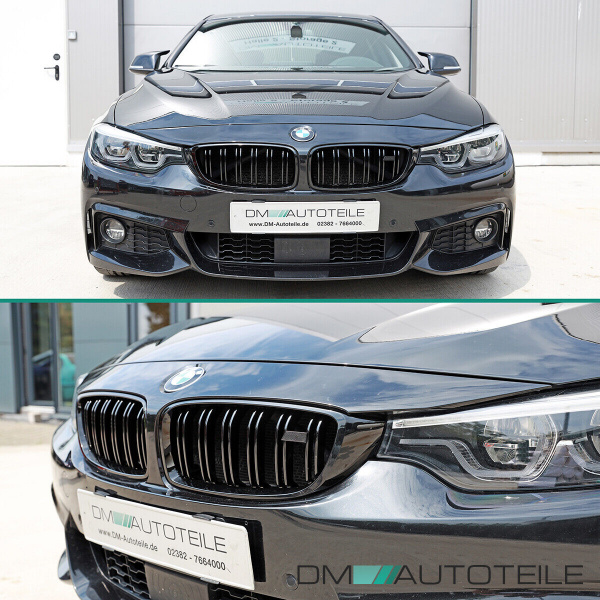 2x Kühlergrill Schwarz Glanz Doppelsteg +Emblemhalter passend für BMW 4er F32 F33 F36 auch M4 + M alle Modelle
