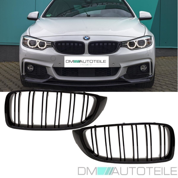 2x Kühlergrill Schwarz Glanz Doppelsteg +Emblemhalter passend für BMW 4er F32 F33 F36 auch M4 + M alle Modelle
