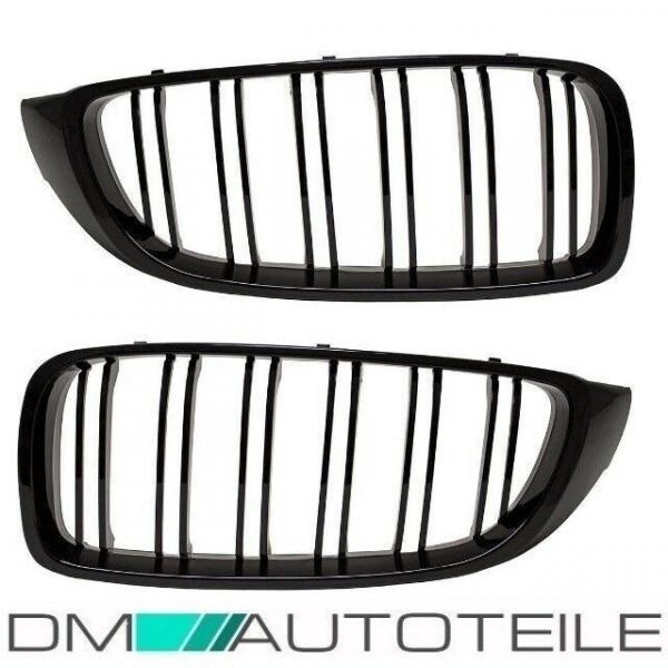 2x Kühlergrill Schwarz Glanz Doppelsteg +Emblemhalter passend für BMW 4er F32 F33 F36 auch M4 + M alle Modelle