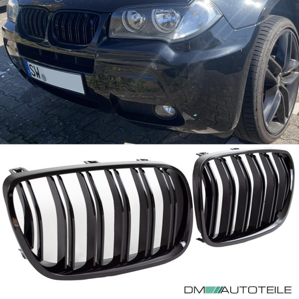 Satz Kühlergrill SET Schwarz Hochglanz Doppelsteg passend für BMW X3 E83 LCI 06-11