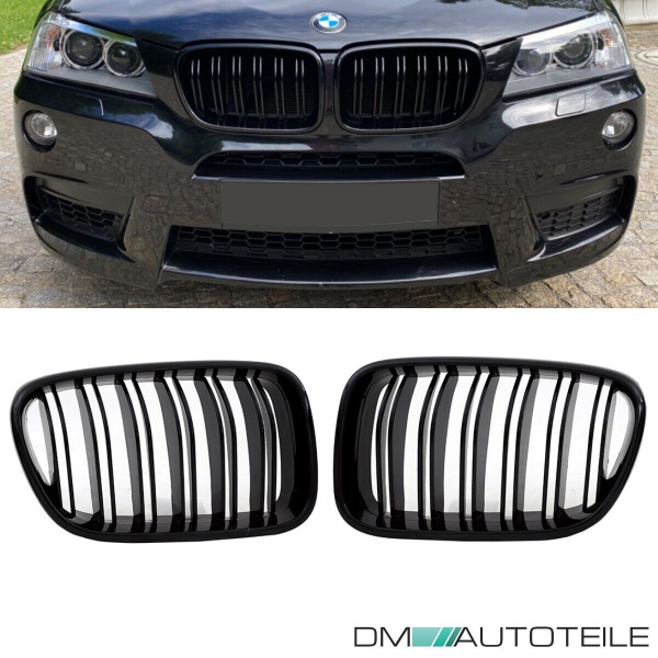 2x Kühlergrill SET Schwarz Hochglanz Sport Doppelsteg passend für BMW X3 F25 10-
