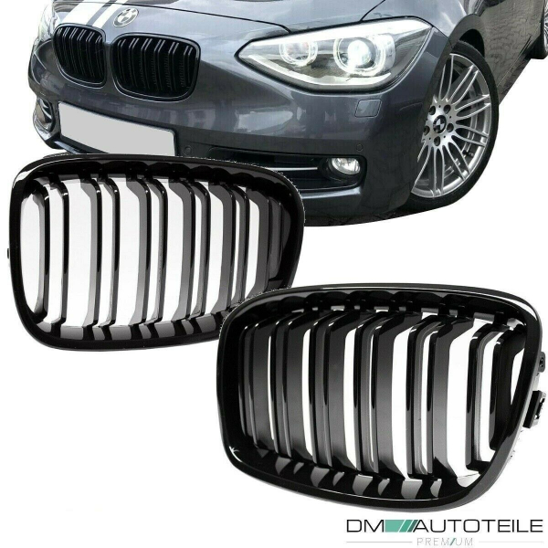 SET Doppelsteg Kühlergrill Grill Schwarz Glanz passt für BMW 1er F20 F21 bj 2010-2015