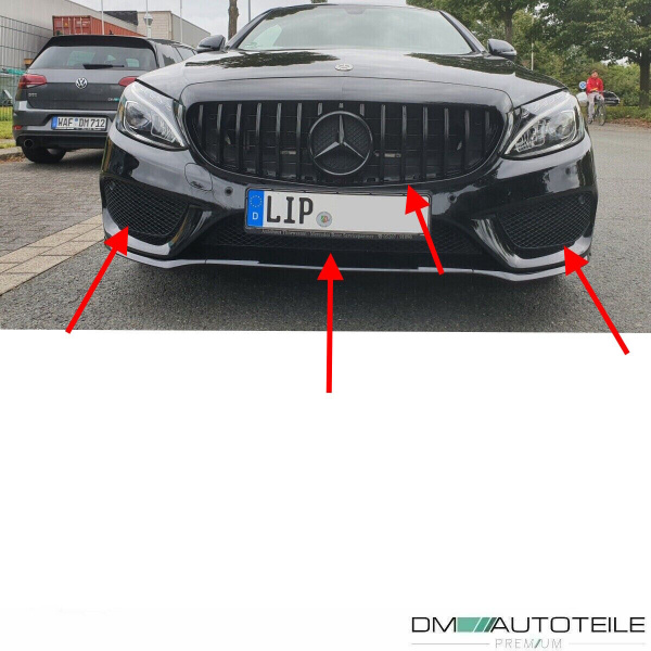 Kühlergrill + Gitter Waben Schwarz Glanz passend für Mercedes C Klasse W205 S205 14-18 mit AMG Line auf Set Panamericana GT