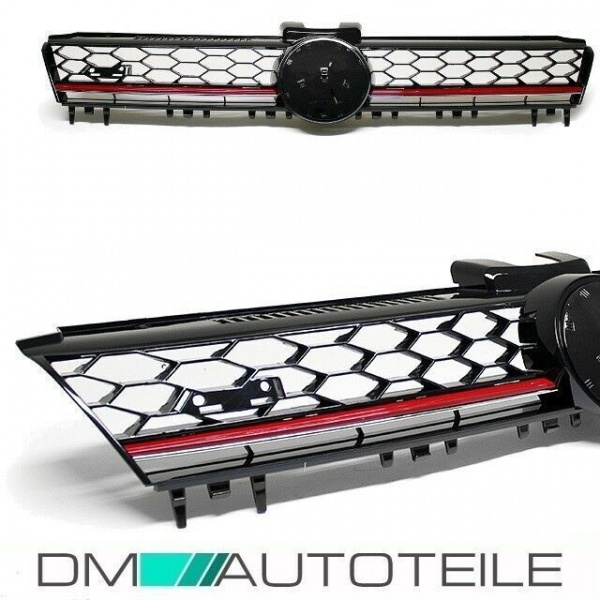 Kühlergrill Front Grill Schwarz Glanz Rote Leiste für Emblem passt für VW Golf 7 nicht GTI bj 12-16