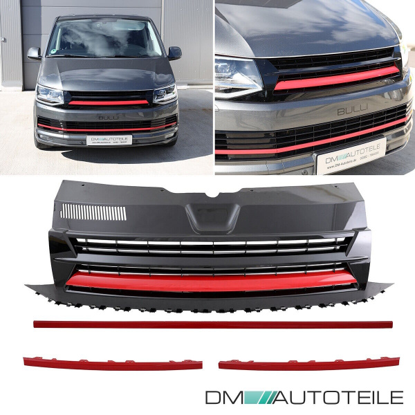 Set Kühlergrill clean+ Leiste Stoßstange unten Schwarz Rot passt für VW T6 alle Modelle 2015-2019 auch Sportline