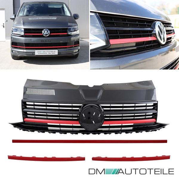 Set Kühlergrill für Emblem+ Leisten Stoßstange unten Hochglanz Schwarz / Rot passt für VW T6 alle Modelle 2015-2019 auch Sportline