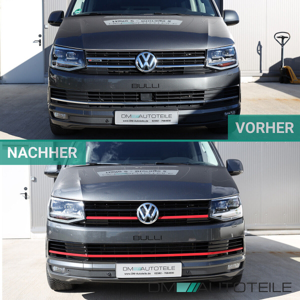 Set Kühlergrill für Emblem+ Leisten Stoßstange unten Hochglanz Schwarz / Rot passt für VW T6 alle Modelle 2015-2019 auch Sportline