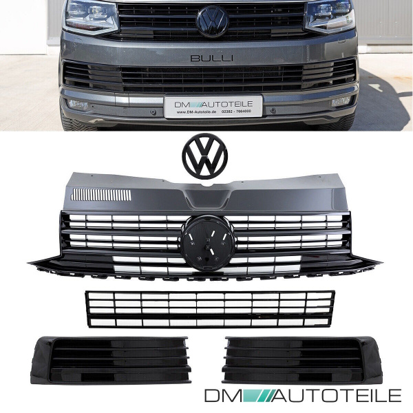 Set Kühlergrill + Gitter+ Emblem Hochglanz Schwarz Kit passt für VW T6 Multivan Transporter 2015-2019 auch Sportline
