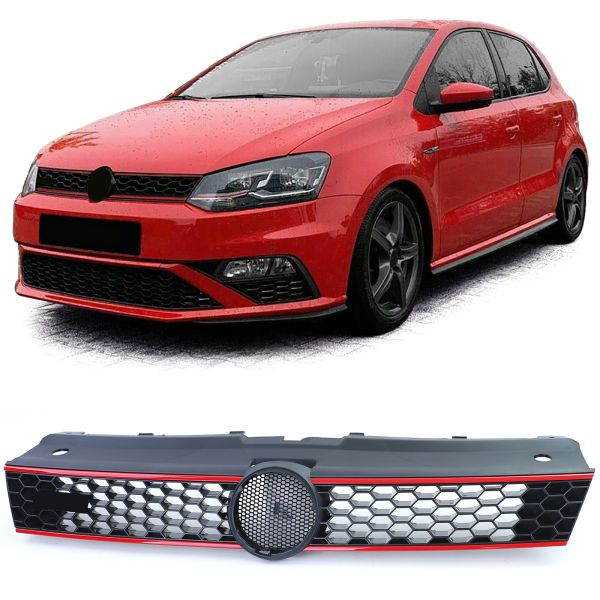 Upgrade Sportgrill / Kühlergrill für VW Polo 6R 6C 09-17 Hochglanz schwarz rot (auch GTI)