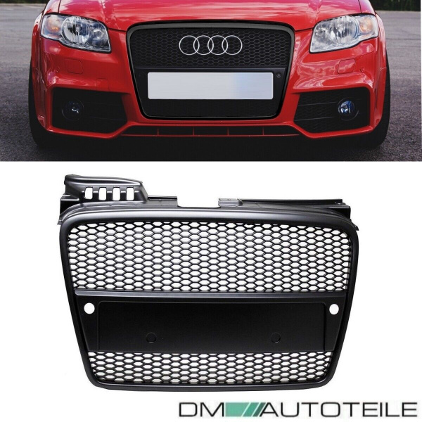 Kühlergrill Wabengrill Schwarz Seidenmatt + Kennzeichenleiste passend Audi A4 B7 04-08 + RS4