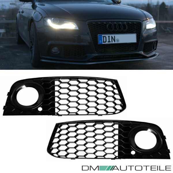 Set Audi A4 B8 Stoßstange Wabengrill Grilleinsatz Nebelscheinwerfer 08-12 Schwarz Hochglanz