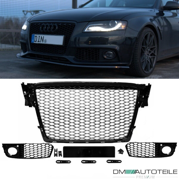 SET Kühlergrill + Wabengrill Schwarz + Gitter passt für Audi A4 B8 08-12 kein RS