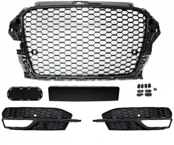 Set Wabendesign Kühlergrill Wabengrill Schwarz Glanz +Gitter passend für Audi A3 8V 12-16 nur S-Line