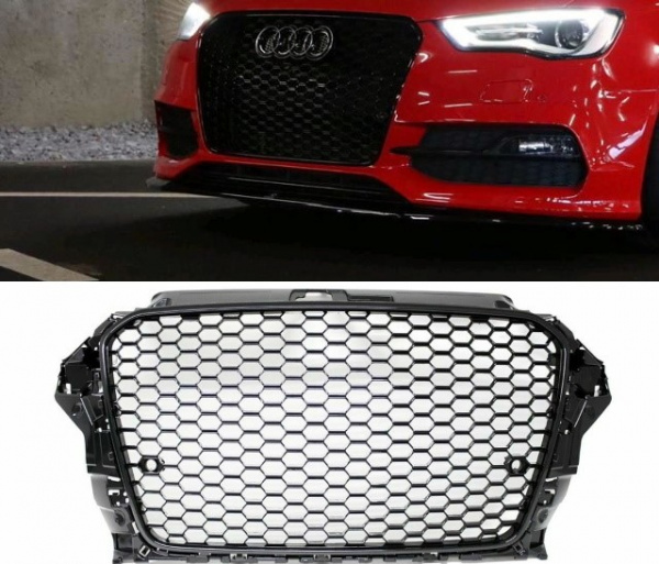 Set Wabendesign Kühlergrill Wabengrill Schwarz Glanz +Gitter passend für Audi A3 8V 12-16 nur S-Line