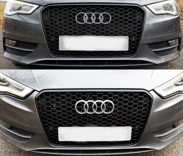Set Wabendesign Kühlergrill Wabengrill Schwarz Glanz +Gitter passend für Audi A3 8V 12-16 nur S-Line